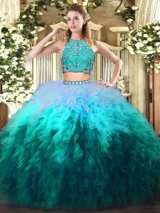 Free and Easy Floor Length Zipper 15 Quinceanera Dress Multi-color for Military Ball and Sweet 16 and Quinceanera with Beading and Ruffles