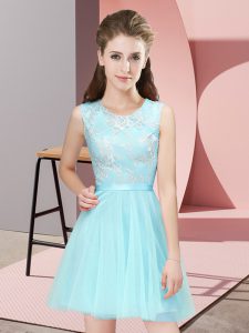 Fine Sleeveless Mini Length Lace Side Zipper Quinceanera Dama Dress with Aqua Blue