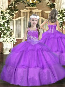 Elegant Sleeveless Floor Length Beading and Ruffled Layers Lace Up Little Girls Pageant Gowns with Purple