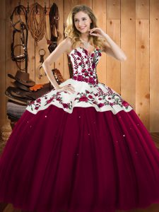 Burgundy Satin and Tulle Lace Up Sweetheart Sleeveless Floor Length Quinceanera Gowns Embroidery