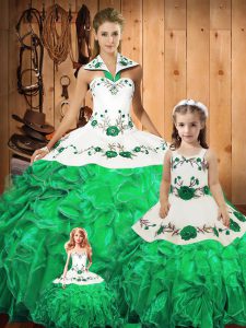 Green Lace Up Sweet 16 Dress Embroidery and Ruffles and Bowknot Sleeveless Floor Length
