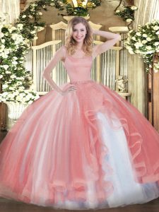 Custom Made Sleeveless Tulle Floor Length Zipper Sweet 16 Dress in Coral Red with Beading