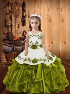 Olive Green Straps Lace Up Embroidery and Ruffles Custom Made Pageant Dress Sleeveless