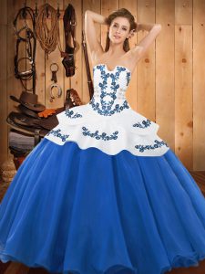 Custom Made Strapless Sleeveless Lace Up Quinceanera Gowns Blue Satin and Organza