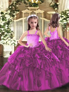 Fuchsia Ball Gowns Straps Sleeveless Organza Floor Length Lace Up Appliques and Ruffles Little Girl Pageant Dress