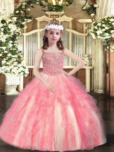 Floor Length Watermelon Red Pageant Dress for Girls Straps Sleeveless Lace Up