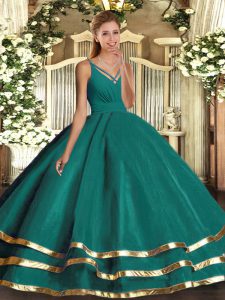 Turquoise Backless Quinceanera Dress Ruffled Layers Sleeveless Floor Length