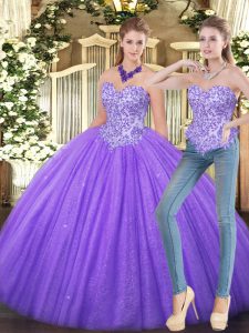 Traditional Eggplant Purple Tulle Zipper 15 Quinceanera Dress Sleeveless Floor Length Appliques