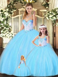 Aqua Blue Ball Gowns Beading Sweet 16 Dress Lace Up Tulle Sleeveless Floor Length
