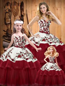 Colorful Wine Red Ball Gowns Satin and Organza Sweetheart Sleeveless Embroidery and Ruffled Layers Lace Up Ball Gown Prom Dress Brush Train