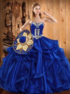 Floor Length Royal Blue Quinceanera Gown Organza Sleeveless Embroidery and Ruffles