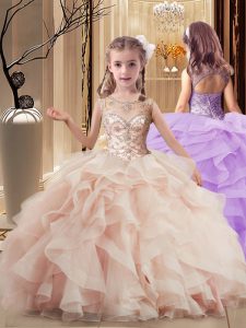 Peach Ball Gowns Scoop Sleeveless Tulle Brush Train Lace Up Beading and Ruffles Little Girls Pageant Dress Wholesale