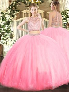 Baby Pink Tulle Zipper Scoop Sleeveless Floor Length Vestidos de Quinceanera Beading