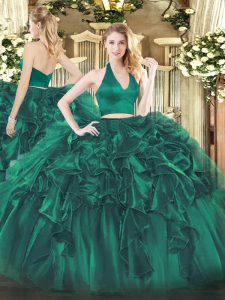 Excellent Dark Green Halter Top Neckline Ruffles Quinceanera Dress Sleeveless Zipper