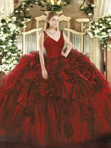 V-neck Sleeveless Backless Quinceanera Dress Wine Red Organza