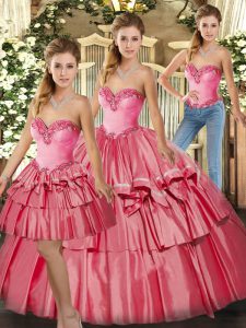 Sweetheart Sleeveless Quinceanera Dresses Floor Length Beading and Ruffled Layers Watermelon Red Organza