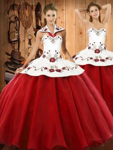 Halter Top Sleeveless Satin and Tulle Vestidos de Quinceanera Embroidery Lace Up