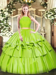 Lovely Yellow Green Two Pieces Tulle Scoop Sleeveless Ruffled Layers Floor Length Zipper Vestidos de Quinceanera