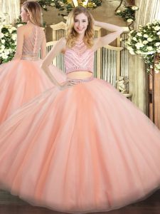 Peach Zipper Quinceanera Gowns Beading Sleeveless Floor Length