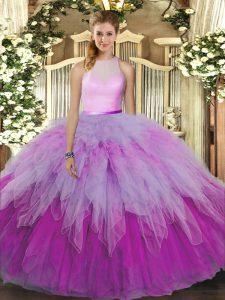 Custom Design High-neck Sleeveless Organza Ball Gown Prom Dress Ruffles Backless