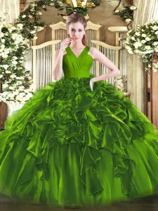 Great Olive Green Organza Zipper Sweet 16 Quinceanera Dress Sleeveless Floor Length Ruffles