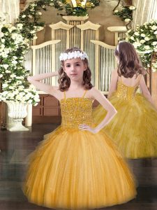 Spaghetti Straps Sleeveless Lace Up Custom Made Pageant Dress Gold Tulle