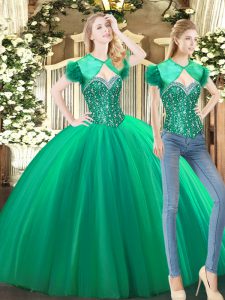 Elegant Green Lace Up Sweet 16 Dress Beading Sleeveless Floor Length