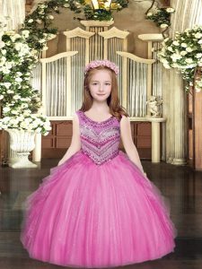 Floor Length Rose Pink Pageant Dress Tulle Sleeveless Beading and Ruffles