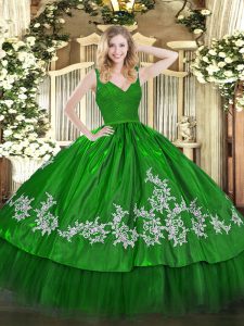 Modest Straps Sleeveless Sweet 16 Dresses Floor Length Beading and Lace and Appliques Green Taffeta