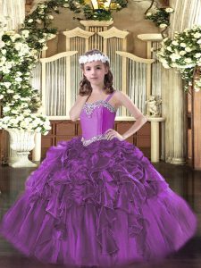Graceful Floor Length Fuchsia Little Girl Pageant Gowns Straps Sleeveless Lace Up