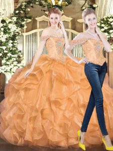 Orange Red Lace Up Vestidos de Quinceanera Beading and Ruffles Sleeveless Floor Length