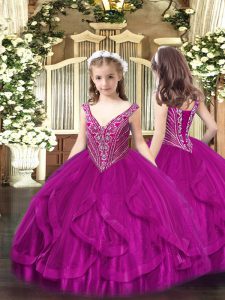 New Arrival Fuchsia Ball Gowns Beading and Ruffles Little Girl Pageant Dress Lace Up Tulle Sleeveless Floor Length