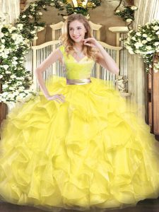 Fashion Yellow Ball Gowns Tulle V-neck Sleeveless Beading and Ruffles Floor Length Zipper 15 Quinceanera Dress