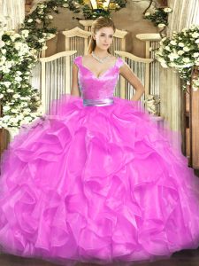 Tulle V-neck Sleeveless Zipper Beading and Ruffles Ball Gown Prom Dress in Fuchsia