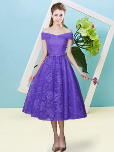 New Arrival Off The Shoulder Cap Sleeves Quinceanera Dama Dress Tea Length Bowknot Lavender Lace