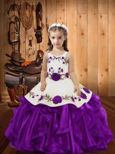 Graceful Purple Ball Gowns Embroidery and Ruffles Little Girls Pageant Gowns Lace Up Organza Sleeveless Floor Length