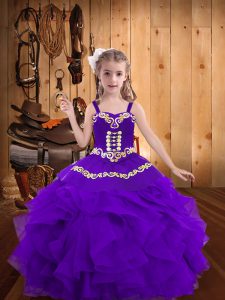 Fantastic Floor Length Eggplant Purple Winning Pageant Gowns Organza Sleeveless Embroidery and Ruffles