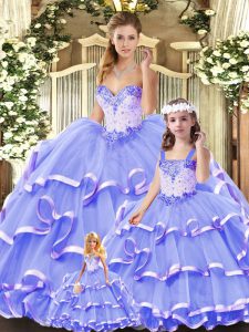 Custom Made Sweetheart Sleeveless Tulle 15 Quinceanera Dress Beading and Ruffled Layers Lace Up