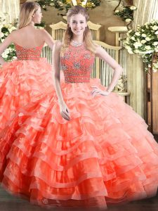 Floor Length Orange Red Quinceanera Dresses Halter Top Sleeveless Zipper