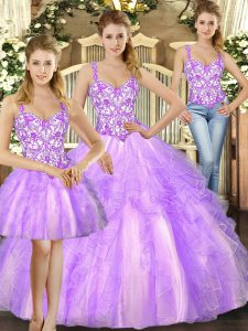 Fitting Straps Sleeveless Lace Up 15th Birthday Dress Lilac Organza