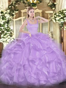 Lavender Organza Zipper Straps Sleeveless Floor Length Quinceanera Gown Beading and Ruffles