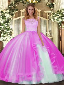 Floor Length Fuchsia Sweet 16 Dresses Tulle Sleeveless Lace and Ruffles