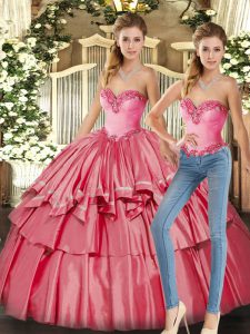 Watermelon Red Sleeveless Organza Lace Up Quinceanera Dress for Military Ball and Sweet 16 and Quinceanera