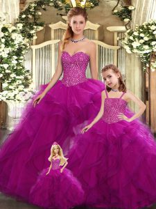 Fuchsia Sleeveless Organza Lace Up Sweet 16 Dresses for Military Ball and Sweet 16 and Quinceanera