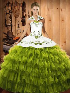 Custom Made Olive Green Ball Gowns Halter Top Sleeveless Organza Floor Length Lace Up Embroidery and Ruffled Layers Quinceanera Dress