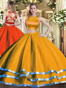 High-neck Sleeveless Quinceanera Gowns Floor Length Ruching Orange Tulle