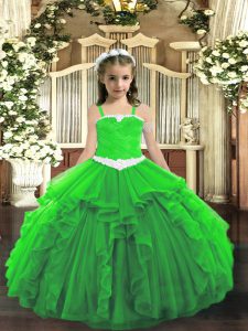 Custom Made Green Lace Up Child Pageant Dress Appliques and Ruffles Sleeveless Floor Length