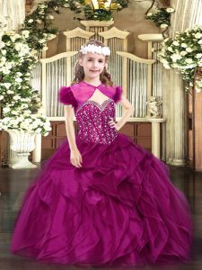 High Class Fuchsia Straps Lace Up Beading and Ruffles Little Girls Pageant Gowns Sleeveless