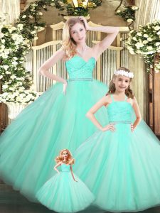 High Quality Apple Green Sleeveless Organza Lace Up Quinceanera Gowns for Military Ball and Sweet 16 and Quinceanera