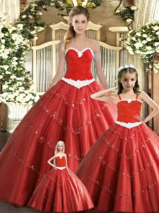Ball Gowns Quince Ball Gowns Red Sweetheart Tulle Sleeveless Floor Length Lace Up